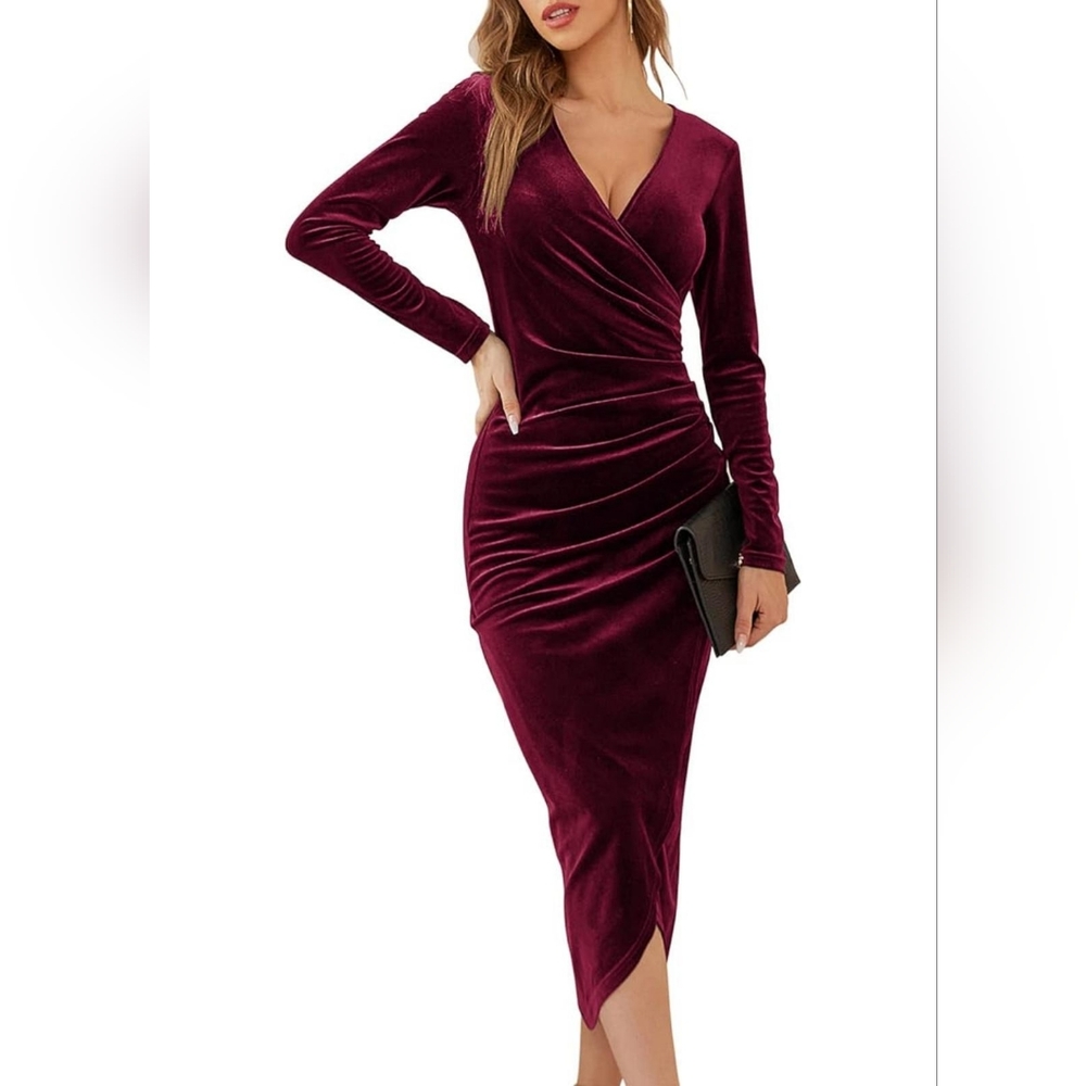 Elegant Velvet Long Sleeve Wrap V Neck Ruched Bodycon Cocktail dress